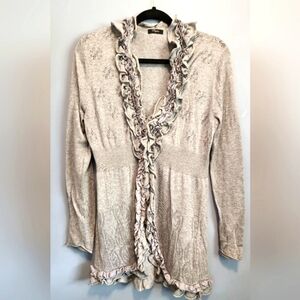 EUC  Cupio Women's Gray Ruffled Pointelle Cardigan Sweater Medium